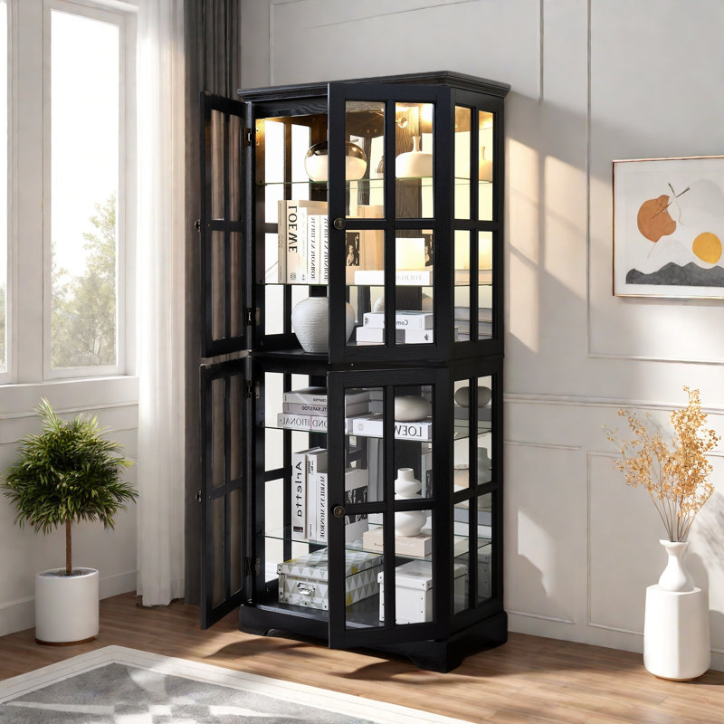 Antique Display Cabinet With 4 Glass Doors, Adjustable Shelves, Metal Embossed Handles And Integrated Lighting, Black
