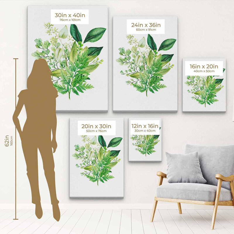 «Effington Green Herbal Watercolor Bouquet», reproduction sur toile, H 16 pi x l 12 pi, Cadre flottant noir