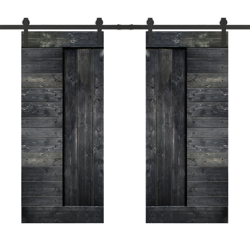 Porte de grange à panneaux et en bois avec quincaillerie d'installation, 76 po x 84 po, Gris métallisé