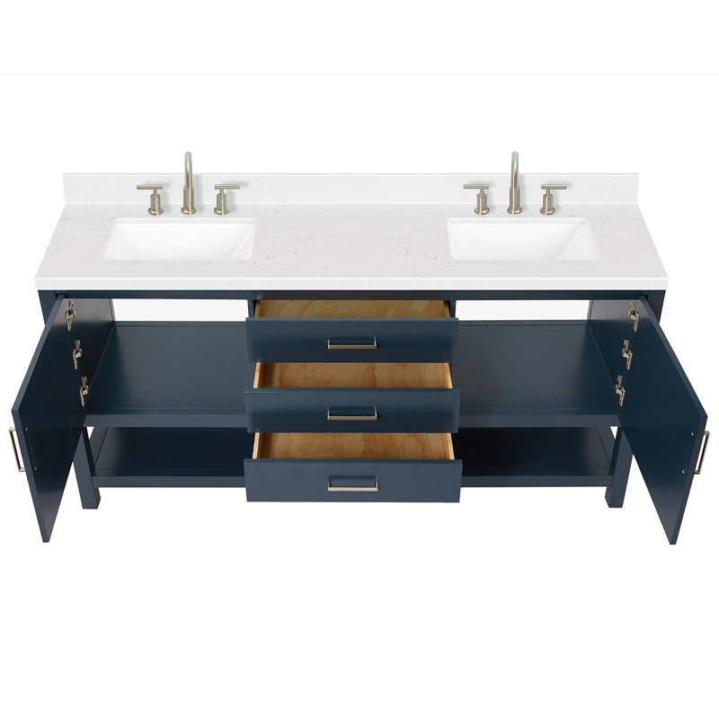 Ensemble de meuble-lavabo double 73 po Abby, Rectangulaire, Bleu minuit, Quartz blanc de Carrare