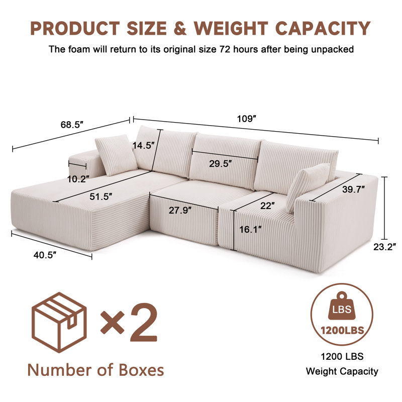 Canapé modulaire Boneless de 109 po avec siège profond, canapé modulaire Cloud avec méridienne en forme de L pour la chambre à coucher du salon - aucun assemblage requis