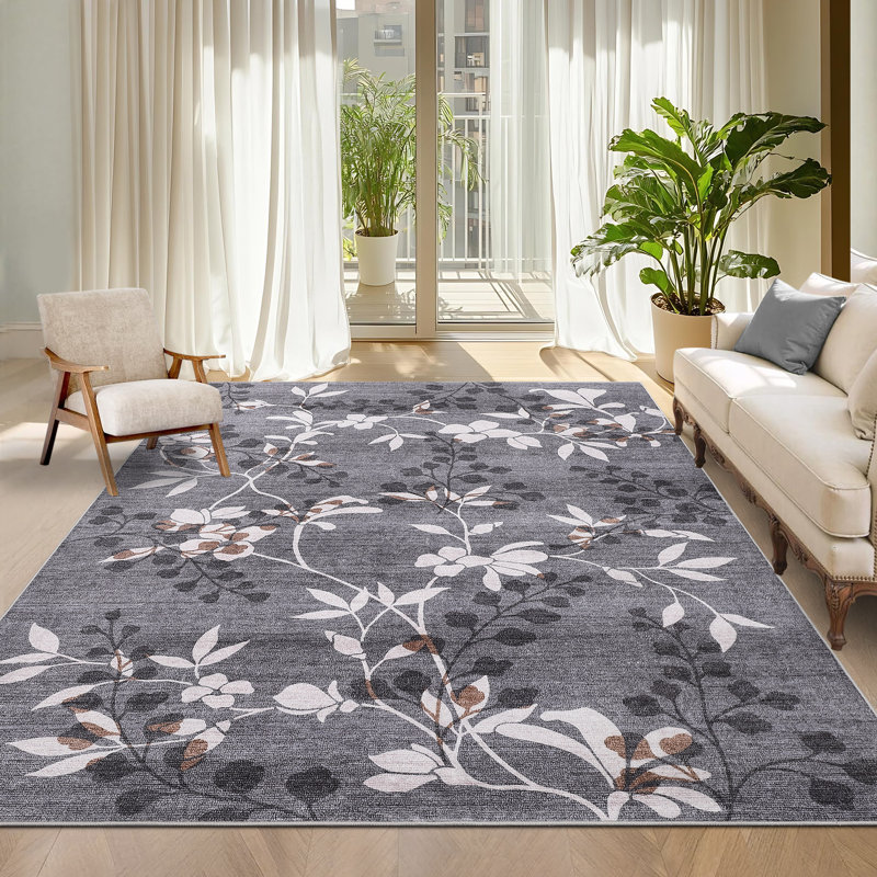 Tapis à motif de feuilles lavable à la machine Tapis antidérapant antidérapant à poils longs à motif botanique doux, Gris