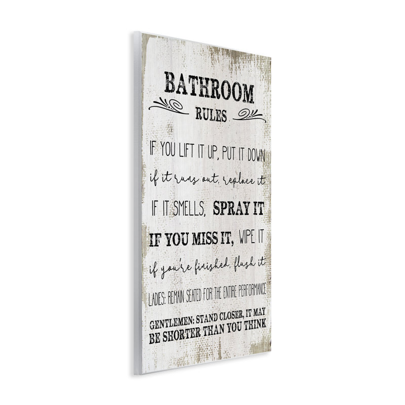 «Bathroom Rules Funny Word Wood Textured Design», impression sur toile, H 18 po x l 12 po