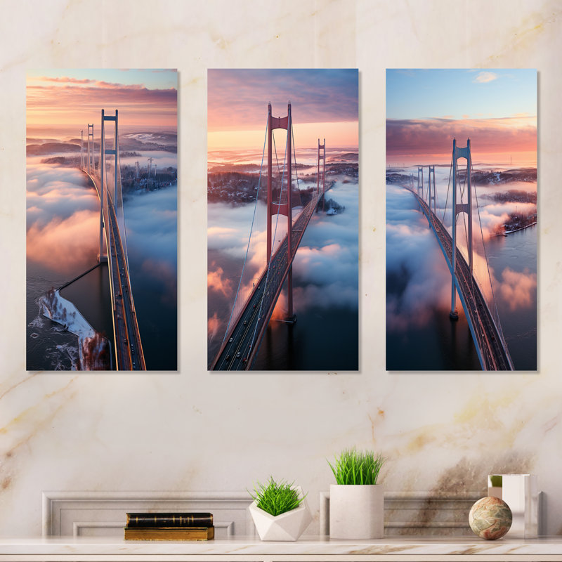 «Blue and Pink Bridge Sunset Views I», ensemble de 3 reproductions d'art mural en métal, H 28 po x l 36 po