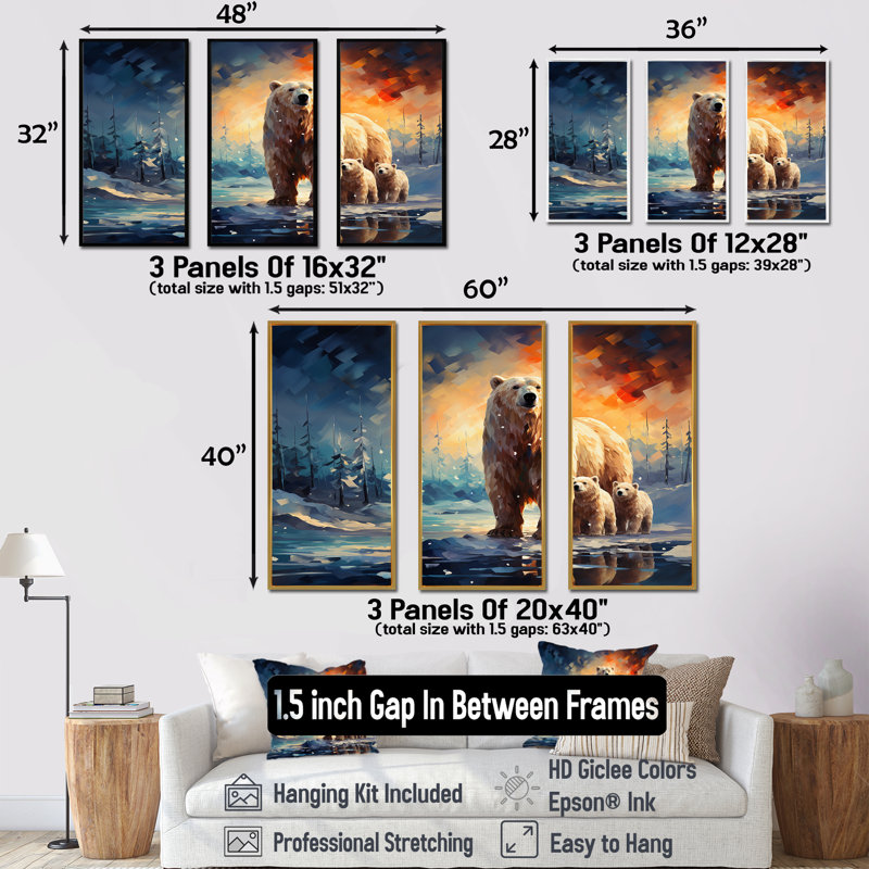 Starlit, famille d'ours polaires en hiver III - ours 2, art mural, Cadre flottant noir, H 40 po x l 61 po