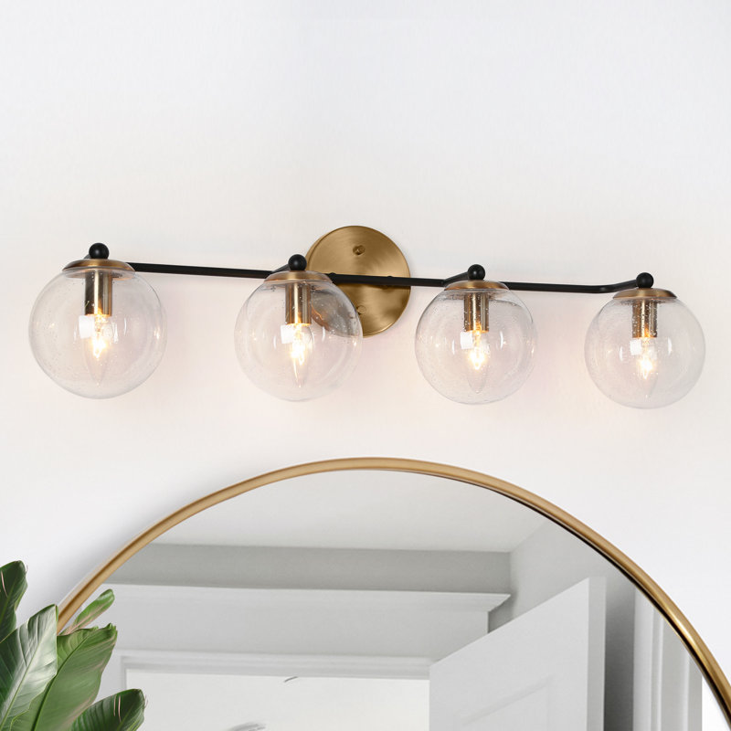 Mansurah 3-Light Dimmable Globe Vanity Light  with Seeded Glass, Brass/Black, 4