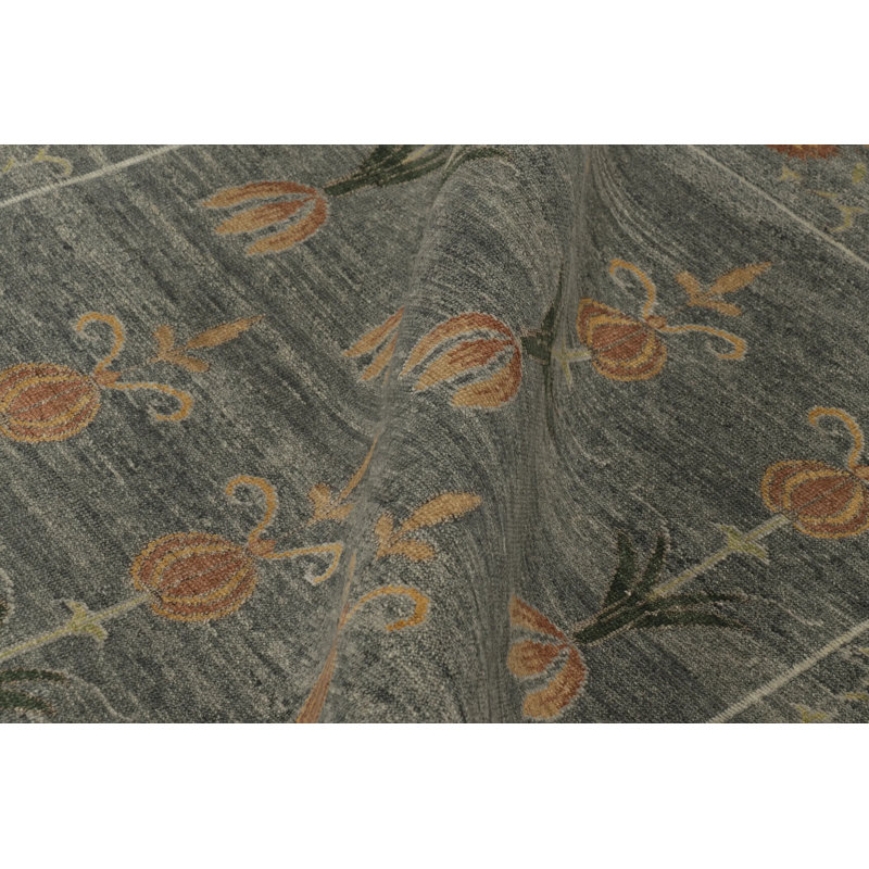 Rug & Kilim’S Block Print Rug, Teal And Gray Tones With Whimsical Floral Pattern, Rectangle 10' x 14'