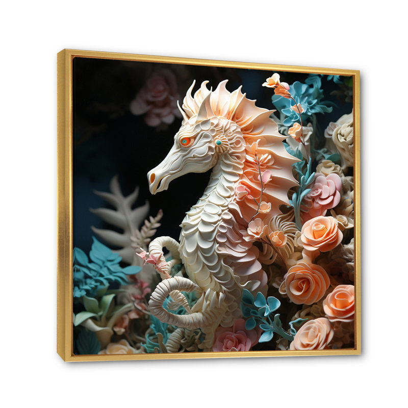 Hippocampe avec sanctuaire de fleurs - impression, Cadre flottant doré, H 30 po x l 30 po x P 1 po