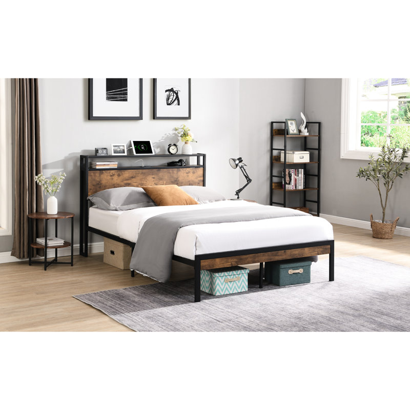 King Metal Platform Bed With Wooden Headboard - Feature, Extra Under Space, And Easy To Assemble, No Box Spring, Black Brown Size Frame Socket, Plentiful Storage, Quiet, +