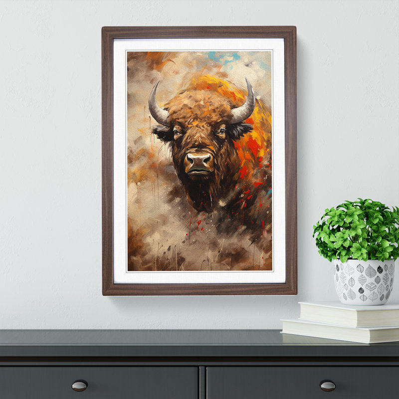 Bison Gestural Art - Framed Print, 46cm H x 34cm W x 2cm D, Walnut Framed