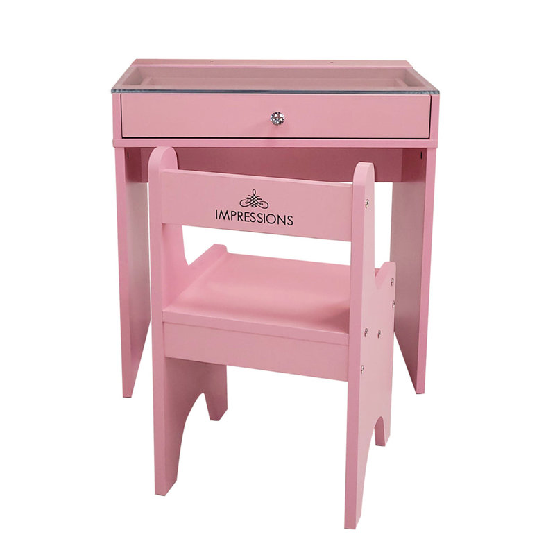SlayStation Little Princess Vanity Set of Makeup Desk with Makeup Chair, Drawer, Clear Glass Top, Pink