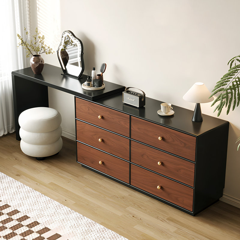 Modern Vanity Desk with 6 Drawers and Rotatable Extension Table, Walnut Finish