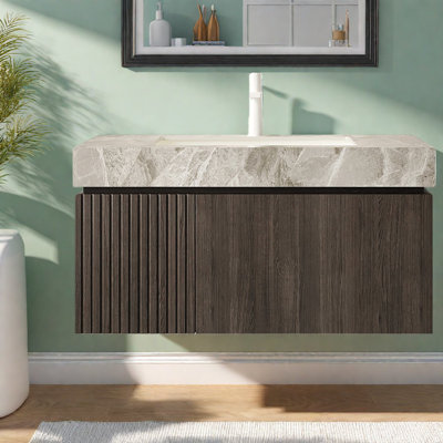 Meuble-lavabo moderne avec rangement, bois espresso, pierre frittée, essentiel pour la salle de bain