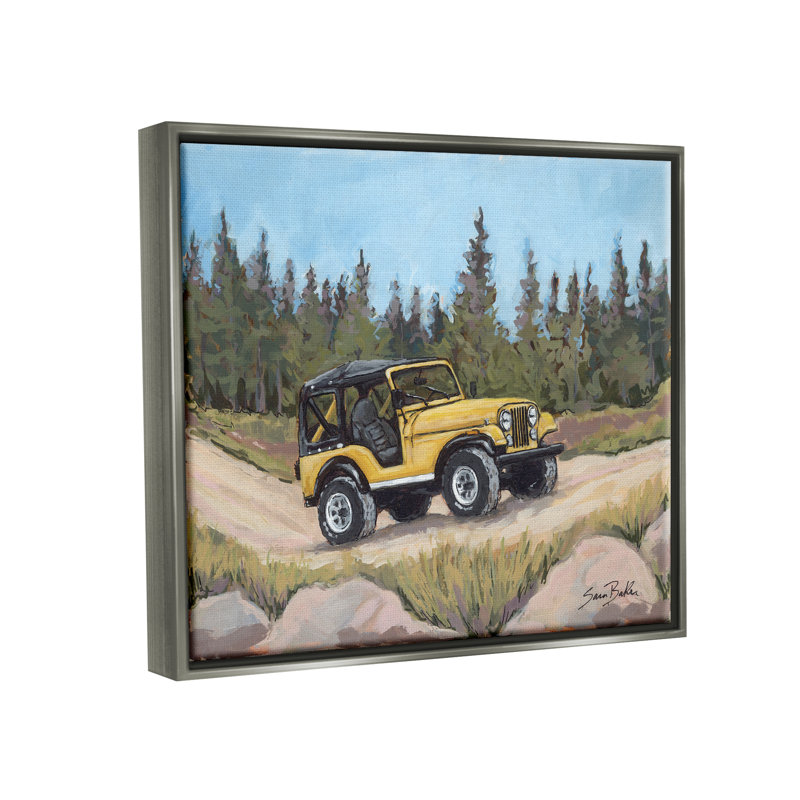 «Off Road Adventure», camion jaune sur toile flottante par Sara Baker, H 17 po x l 21 po x P 1,7 po