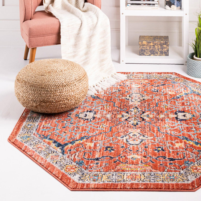 Tapis rouge brique à motif floral Alkire, Octogone 3 pi 11 po x 3 pi 11 po