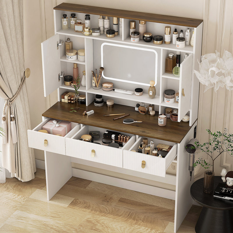 Coiffeuse Farmhouse avec miroir lumineux et tiroir de maquillage