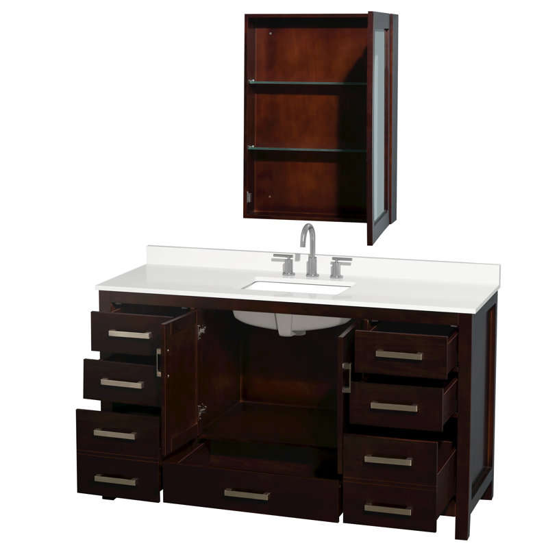 Sheffield 60" Freestanding Single Bathroom Vanity with Quartz Top with Medicine Cabinet, White Quartz, Brown, Chrome