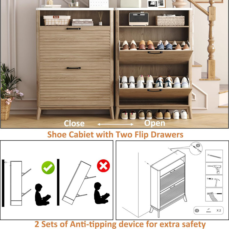 Fluted Shoe Storage Cabinet With 2 Flip Drawers