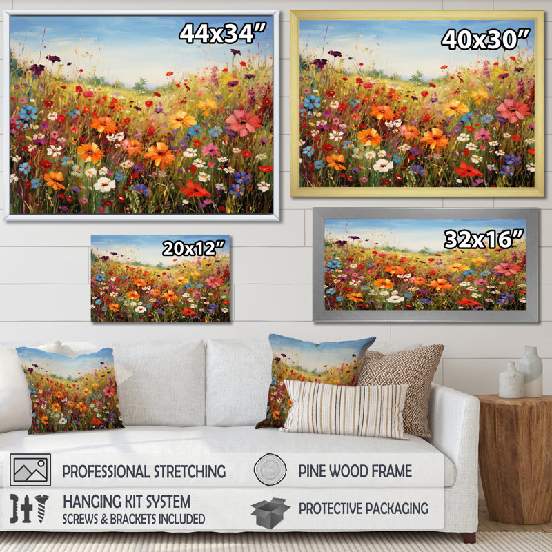 Colorful Wildflowers Meadow Blooms I Canvas Painting Print, 12" H x 20" W, Silver, Floater Framed Print