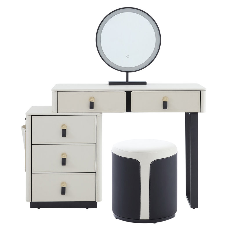 Barenia Leather Chic Makeup Table and Vanity Stool Set Premium Faux Leather Vanity Desk with Mirror