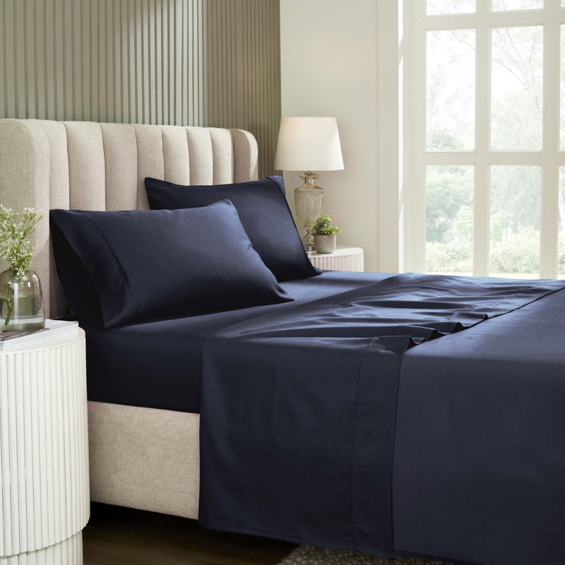 Superior 1200-Thread Count Wrinkle Resistant Cotton Blend Deep Pocket Sheet Set, California King 4Pc Sheet Set, Navy Blue