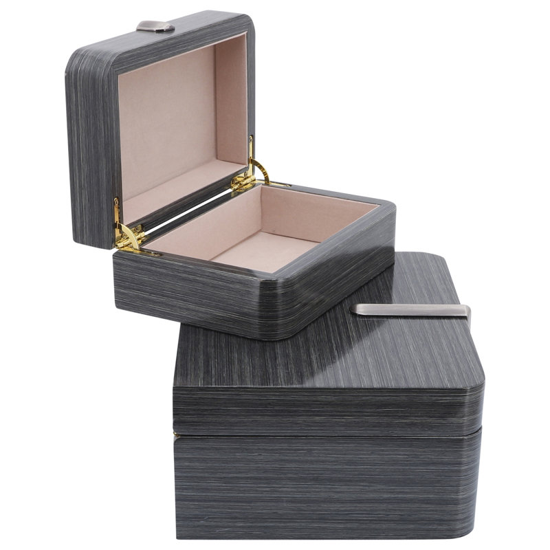 Set of Two Gray Wood Boxes with Metal Clasp and Fabric Interior