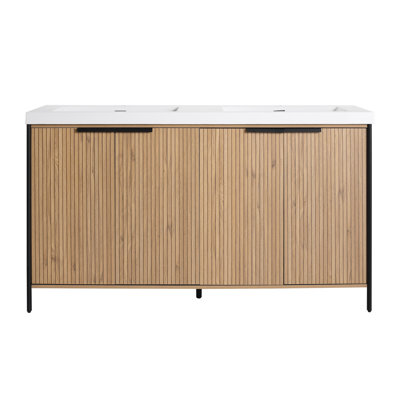 Meuble-lavabo autoportant de 60 po avec double lavabo en résine et 4 portes d'armoire à fermeture en douceur