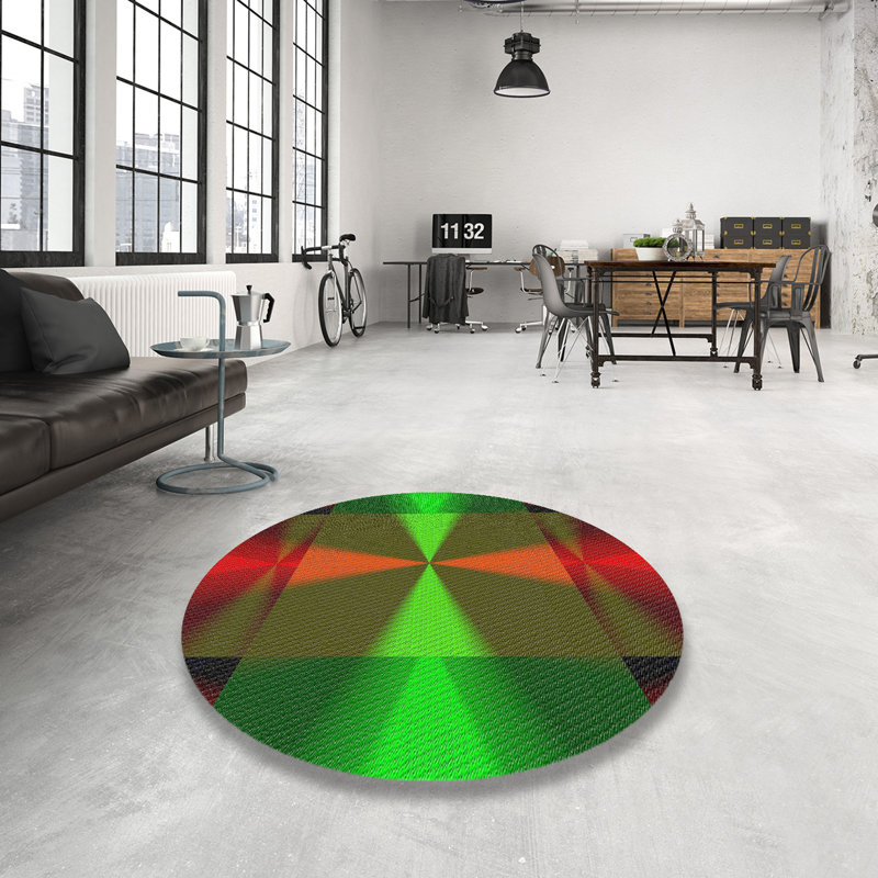 Tapis vert/rouge/orange à motifs, Rond 4 pi