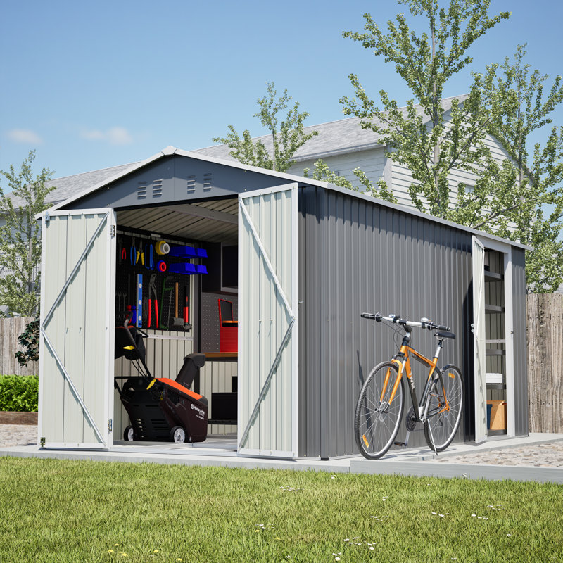 Remise de rangement extérieure 8 x 12 pi, grand rangement pour outils en métal avec cadre en aluminium et portes verrouillables, rangement pour pelouse de jardin, gris
