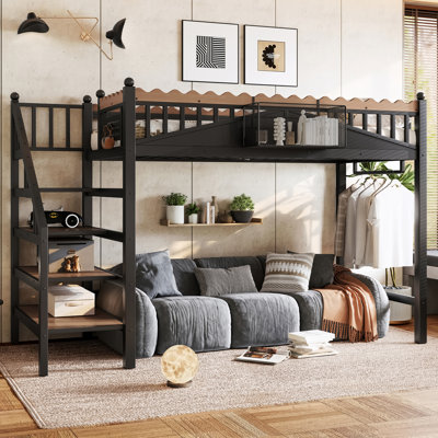 Lit mezzanine simple TG avec escalier de rangement, structure de lit mezzanine en métal avec tablettes de rangement et bibliothèque, lit mezzanine pour chambre à coucher, chambre d'amis, dortoir