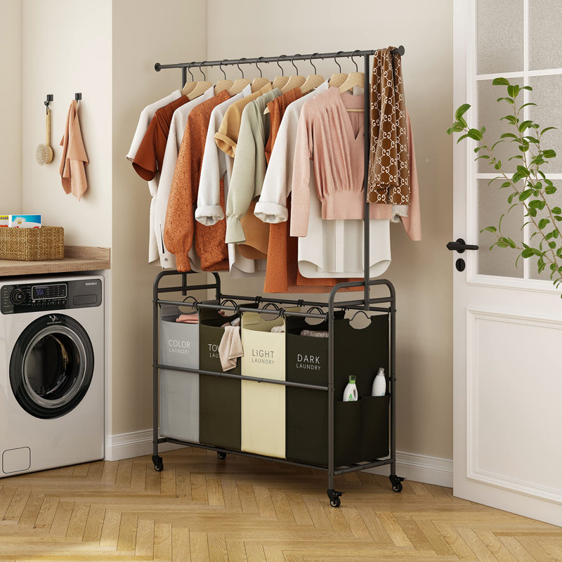 Black Metal Laundry Cart with Hanging Rack and Wheels