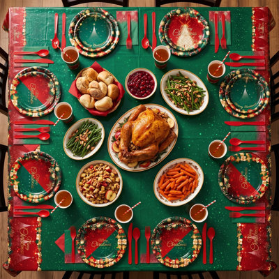 Service de table de Noël de 468 pièces pour 50 personnes, comprenant des assiettes de 23 cm, des gobelets, des couverts, des ballons et des décorations rouges, vert et or.