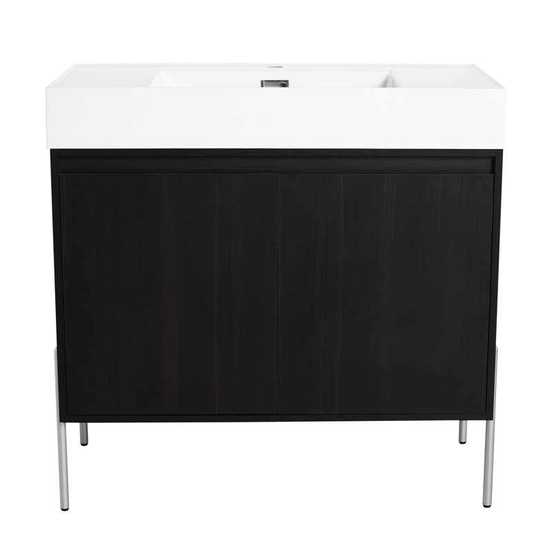 Meuble-lavabo moderne avec lavabo en résine et chêne foncé