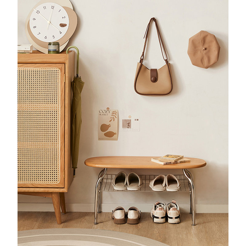 Simple Cherry Wood Stainless Steel Leg Shoe Changing Bench