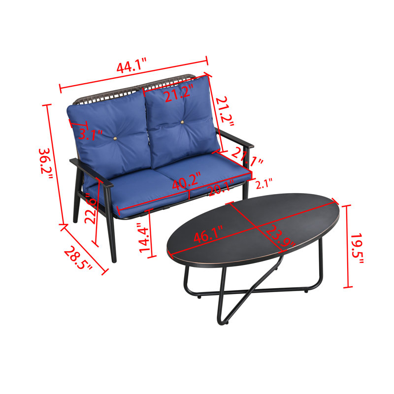 2-Piece Outdoor Loveseat & Coffee Table Set With Cushions, Blue