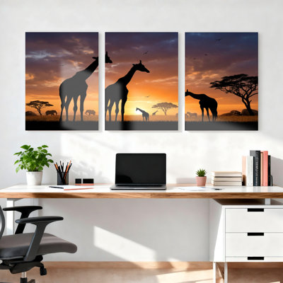 Ensemble de 3 tableaux sur toile tendue représentant une silhouette de girafe au coucher du soleil (safari).