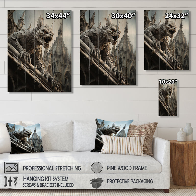 «France Notredame Gargoyles» sur impression sur bois, H 20 po x l 10 po x P 0,78 po
