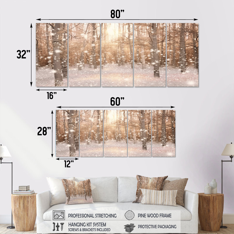 Sparkling Snow Sunshine - Arbre, séquoia, art mural pour le salon, 5 pièces, H 28 po x l 60 po