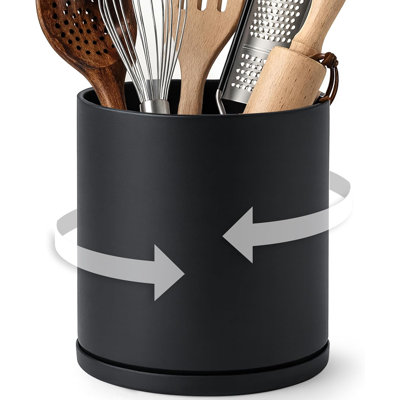 Porte-ustensiles de cuisine noir rotatif à 360°, 18,3 cm (7,2 pouces), base pivotante fluide, parois épaisses mates, style moderne, garde le plan de travail bien rangé.