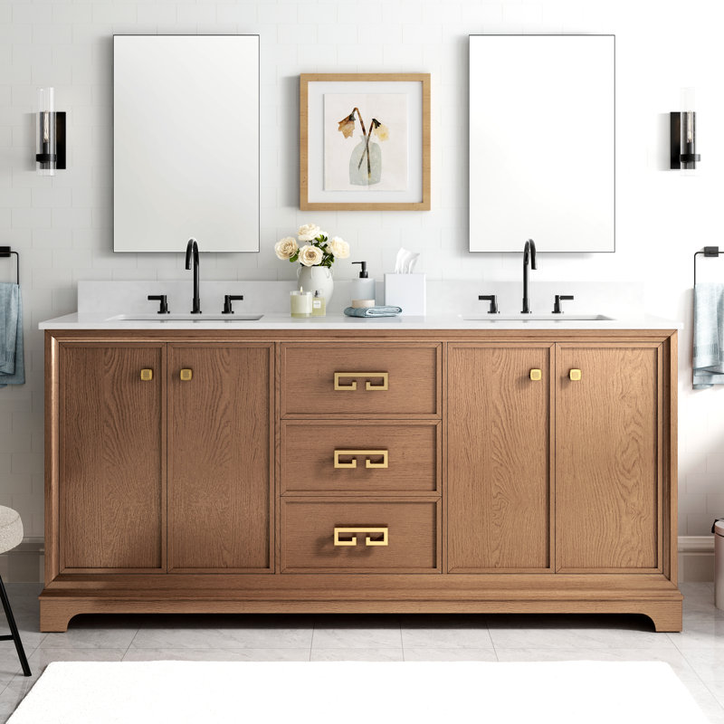 Meuble-lavabo double 72 po avec comptoir en marbre, lavabo en céramique et dosseret, 72", Brun