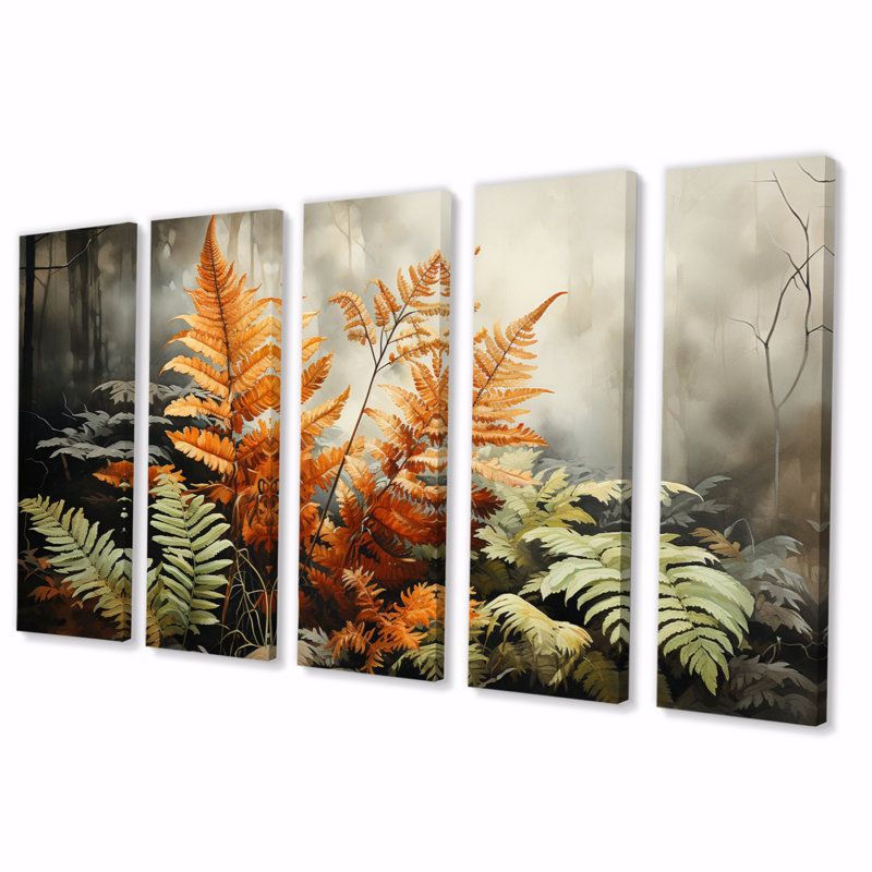 Fougères ambrées, reflet sur toile, 5 pièces