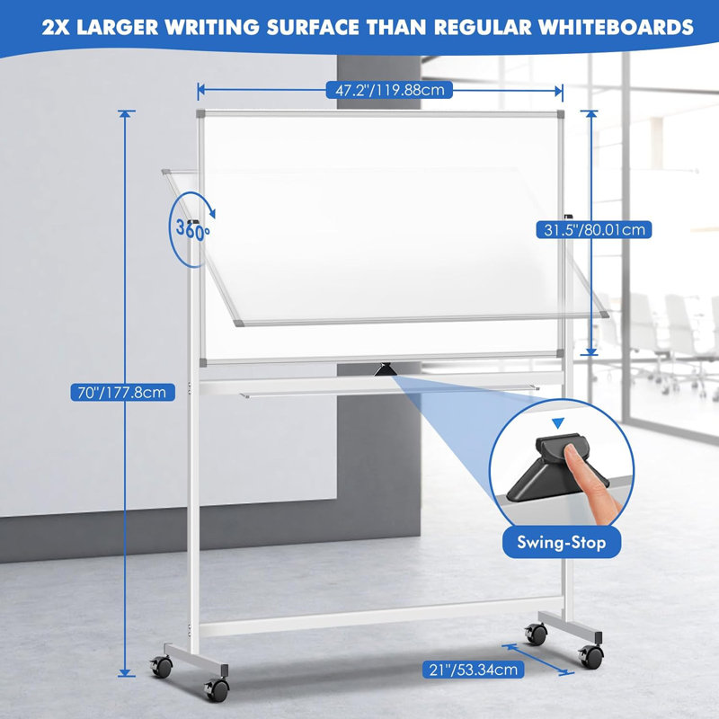 Large Rolling White Board Easel On Wheel, Maxtek 48X32 Inches Double-Sided Mobile Whiteboard, Reversible Magnetic Dry Erase Board Easel Standing Whiteboard On Wheels For Home Office Classroom