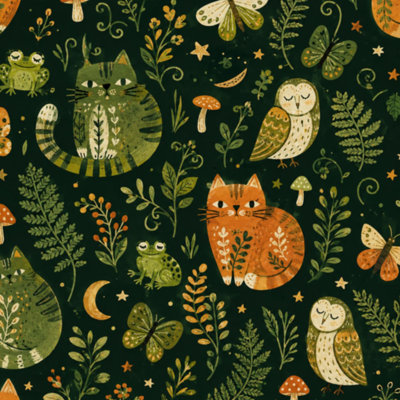Peel and Stick Wallpaper Green Forest Cats Fairy Girl Elves Kitten Summer Spring Baby Kid Black Contact Paper Removable Self Adhesive Wall Mural Wall Decor for Bedroom Kitchen Cabinets 17.7in x 118in