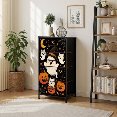 4 Drawer Vertical Storage Dresser Cute Halloween Ghosts Pumpkins Cats Witch Hat Black with Wood Top Fabric Pull Drawers