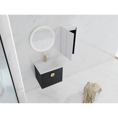 Meuble-lavabo de salle de bain moderne avec lavabo en céramique et tiroir latéral - Châtaignier noir, look élégant, amplement d'espace de rangement pour les portes de meuble-lavabo de 24 po, abondant