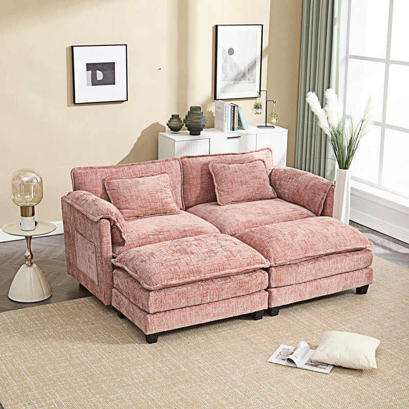 Canapé modulaire rembourré 2 places avec repose-pieds Zuri, Chenille rose