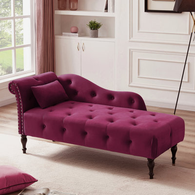 Structure 60.6" Burgundy Velvet Chaise Lounge With Buttons, Nailhead Trim, Solid Wood Legs And A Comfort - Enhancing Pillow In Relaxing Aura