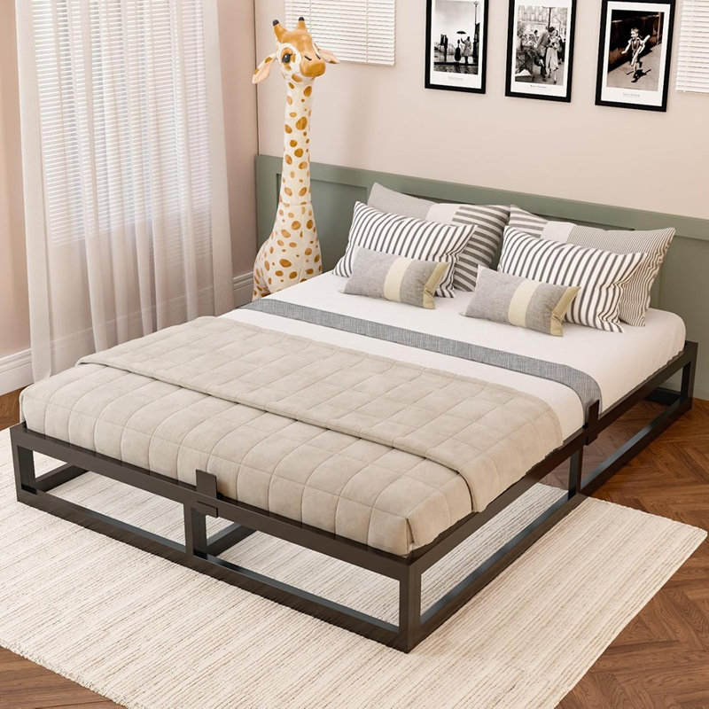 10 Inch Queen Bed Frame With Steel Slat Support, Low Profile Queen Metal Platform Bed Frame Support Mattress Foundation, No Box Spring Needed/Easy Assembly/Noise Free