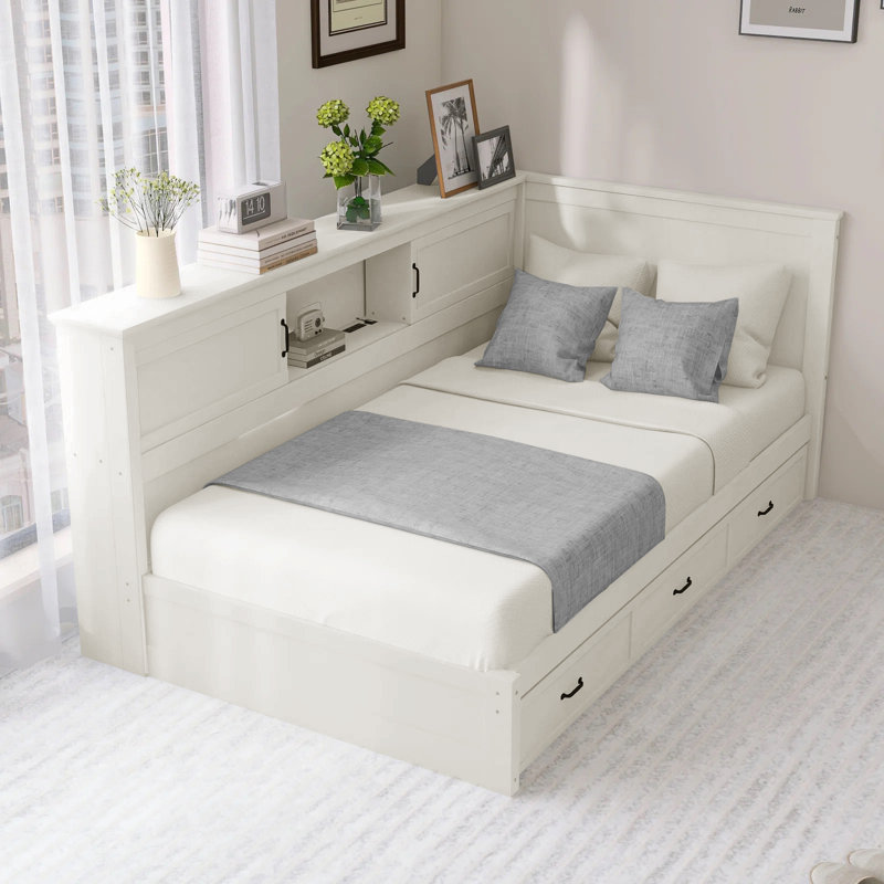 L-Shaped Corner Bed Frame With Drawer, Bookcase, Led Downlight And USB Port For Small Room,Bedroom, Guest Room, Twin