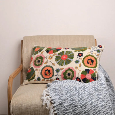 Handcrafted Aari Embroidered Cotton Lumbar Throw Pillow With Polyester Insert, Decorative Rectangular Accent Cushion For Sofa Bed Home Decor